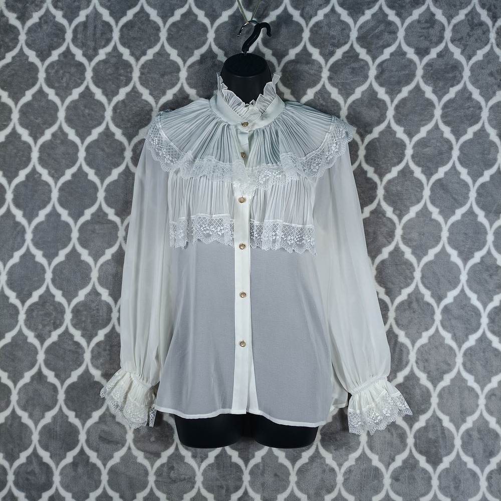 Rich Radi Q's Blouse Women Size S White Sheer Lace Ruffle Victorian Poet Pirate